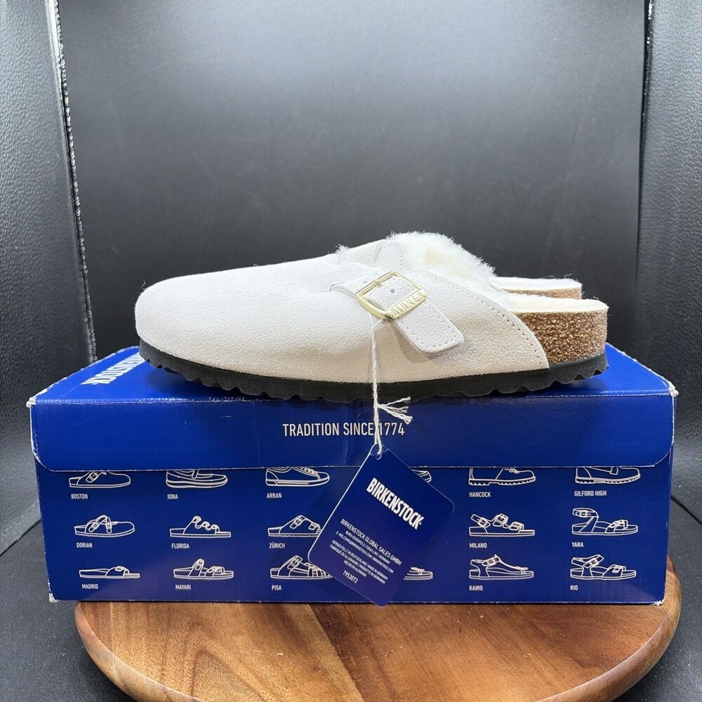 Birkenstock Boston VL Shearling Womens Size 5 Narrow Clogs Antique White Suede